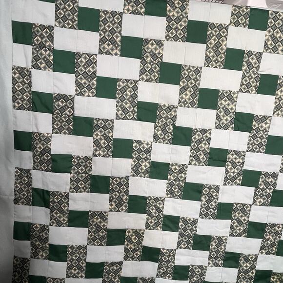 Vintage Quilt Optical Geometric Green and Blue 61x94 Check Chain Handmade - Picture 2 of 7